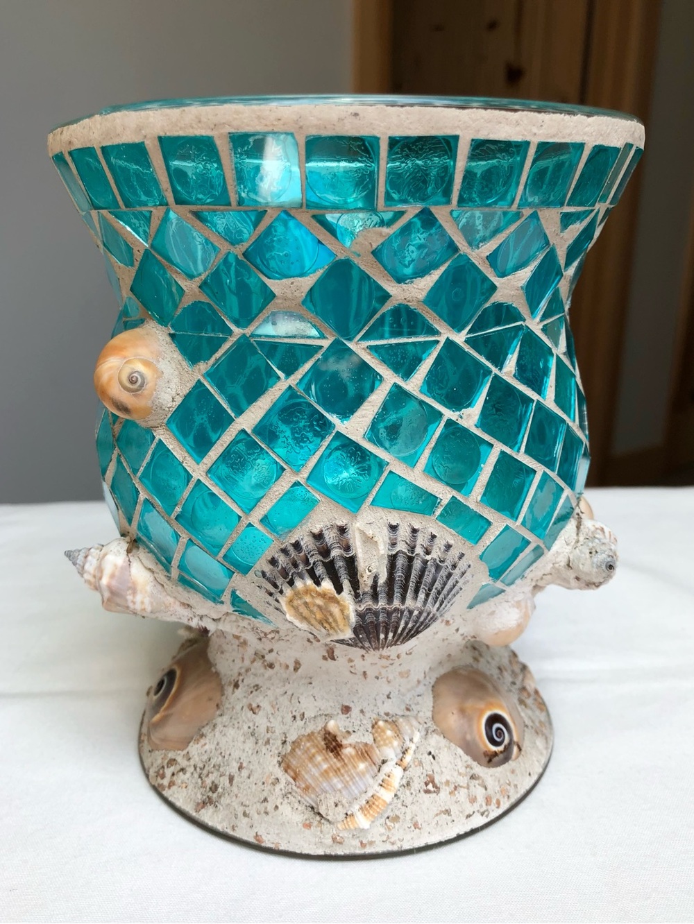 Vintage Nantucket Home Aqua Mosaic Glass Seashell Vase Candle Holder